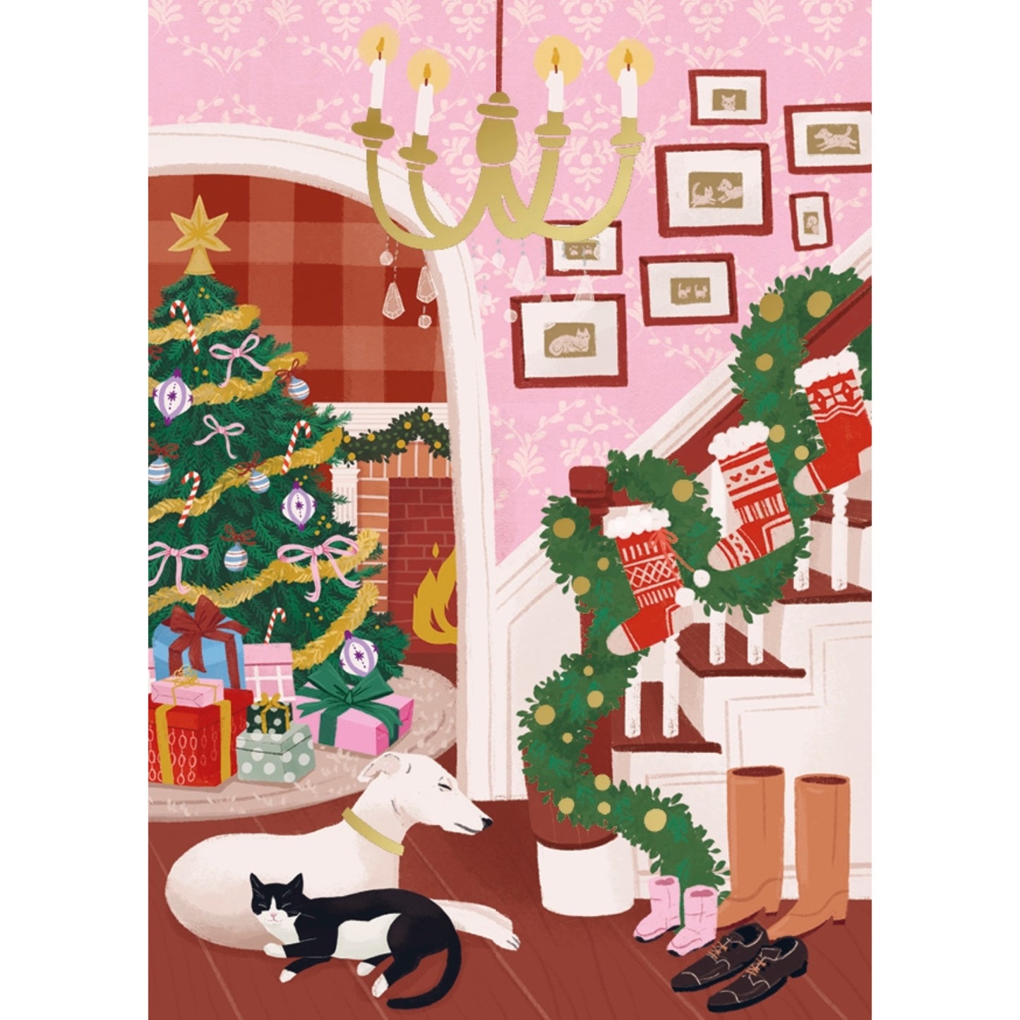 1-osainen joulukortti portaikko, kissa ja koira