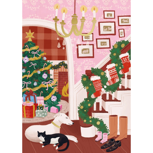 1-osainen joulukortti portaikko, kissa ja koira